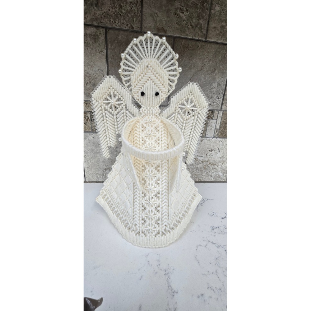 Vintage Handmade Plastic Canvas Angel Tree Topper Cream Yarn Pearl Accents 10in